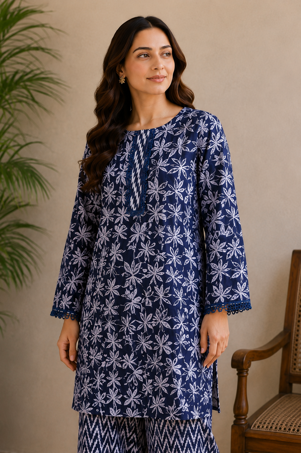 Navy Blue Floral Lawn Kurta Set