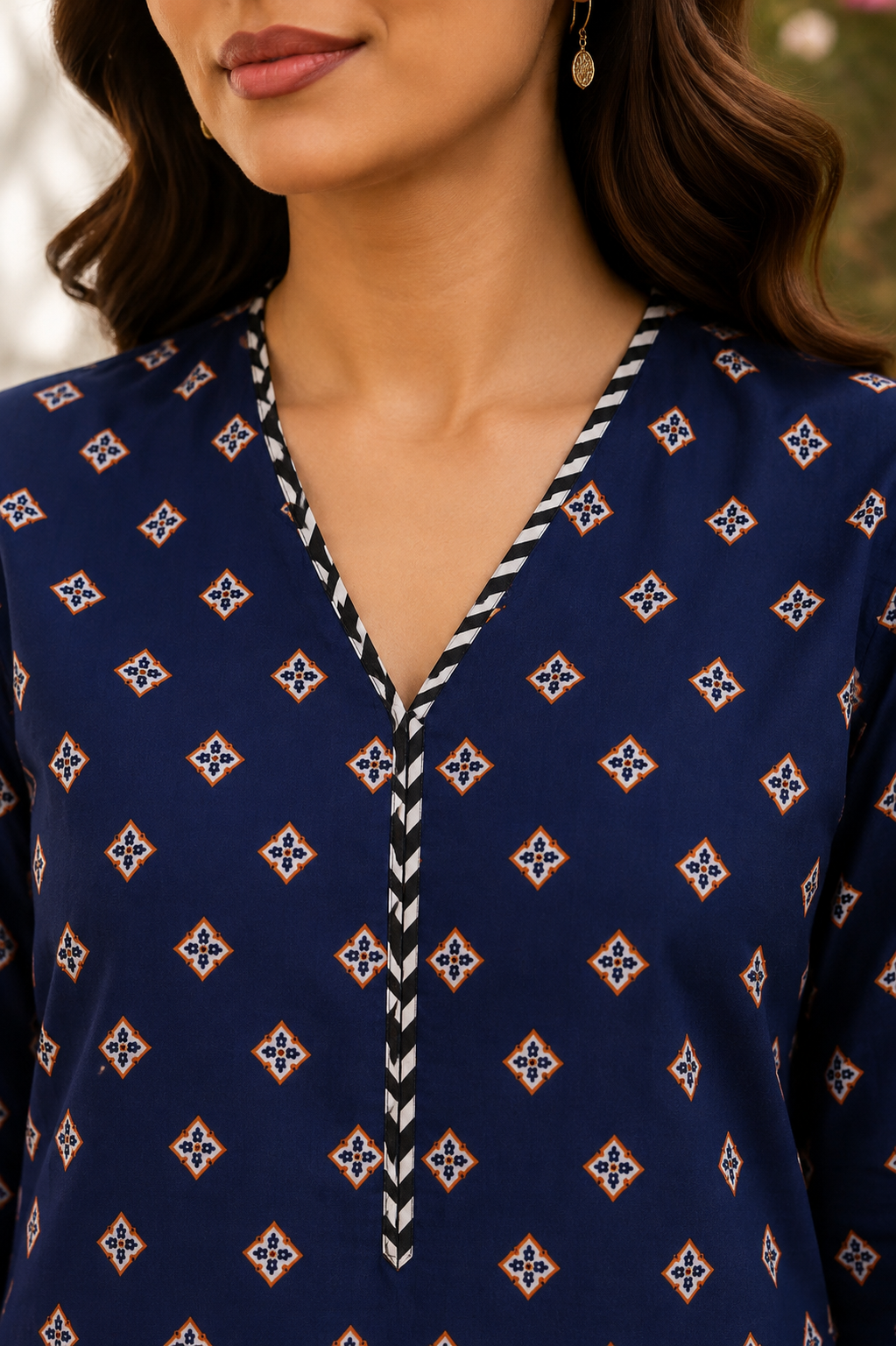 Navy Blue Printed Lawn Kurta Set with Wide-Leg Plazo