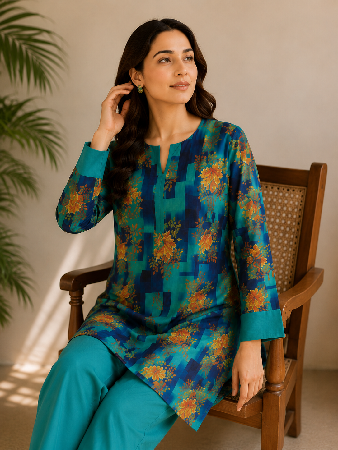 Teal Blue Floral Lawn Kurta Set