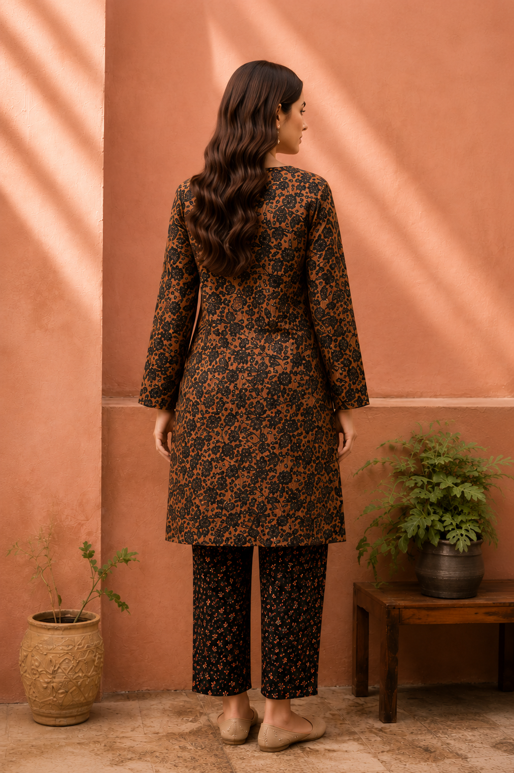 Rust Brown Floral Lawn Kurta