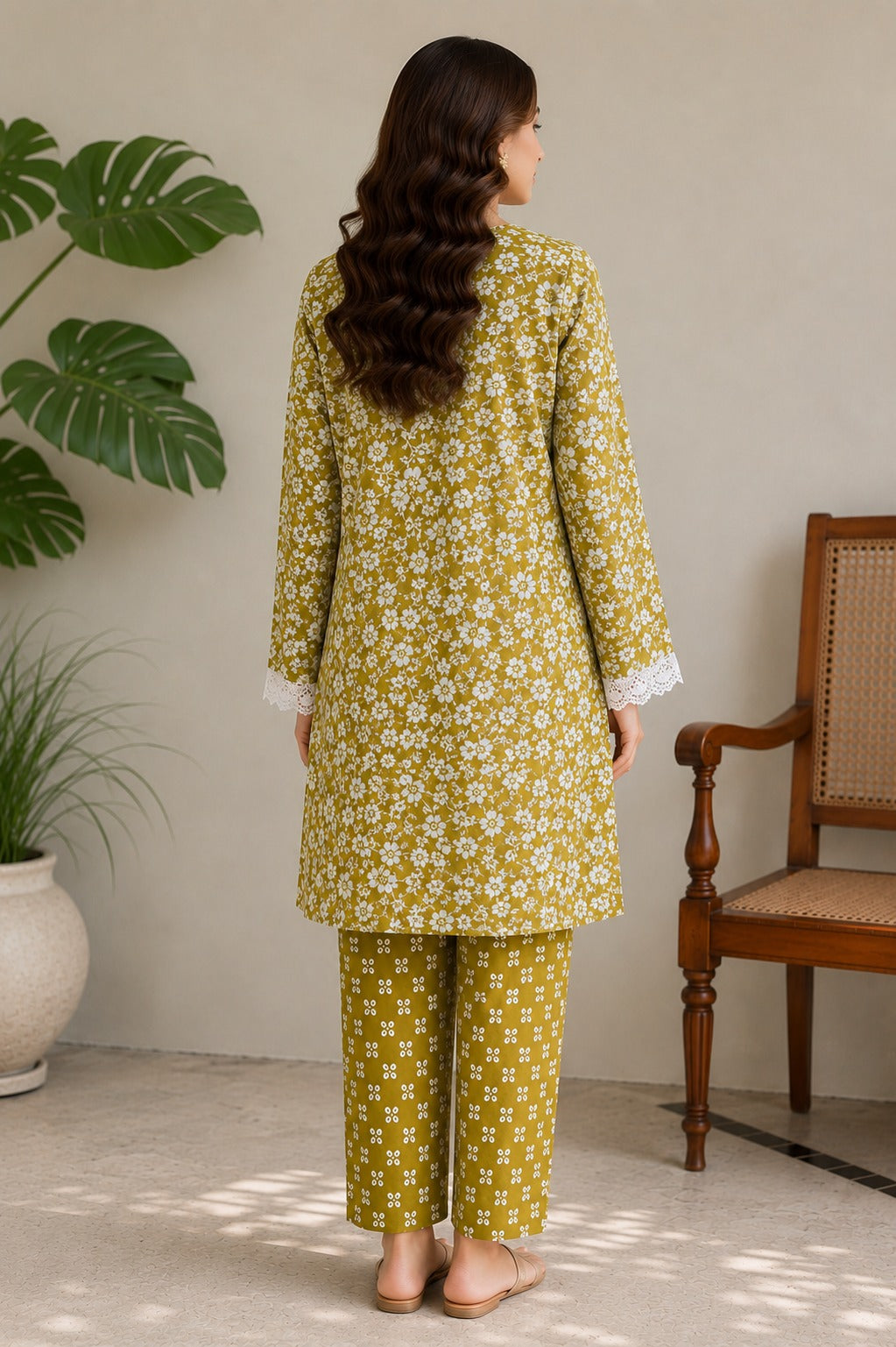 Olive Green Floral Lawn Kurta Set with Lace Details